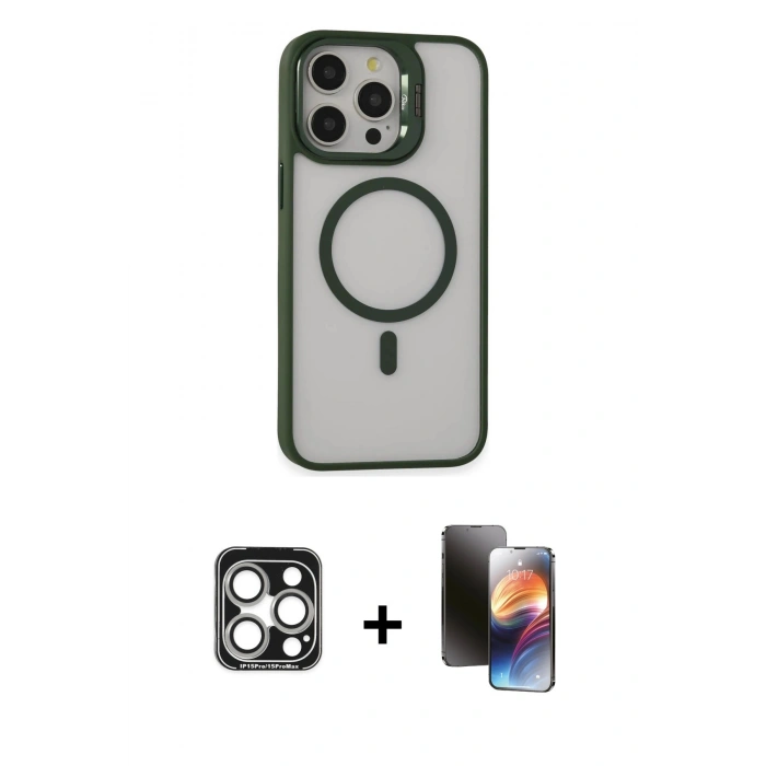 MARSİLYAN™- iPhone 15 Pro Max Kılıf Ahenk Klasik Özel Seri - Siyah 3D Antistatik Mat Seramik Nano Ekran Koruyucu + PVD Metal Kamera Lens - GS