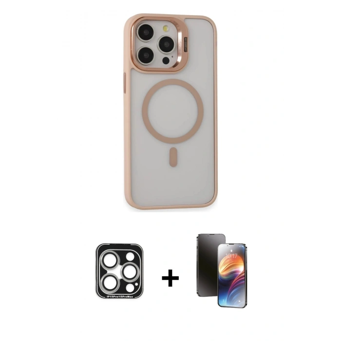 MARSİLYAN™- iPhone 15 Pro Max Kılıf Ahenk Klasik Özel Seri - Siyah 3D Antistatik Mat Seramik Nano Ekran Koruyucu + PVD Metal Kamera Lens - GS