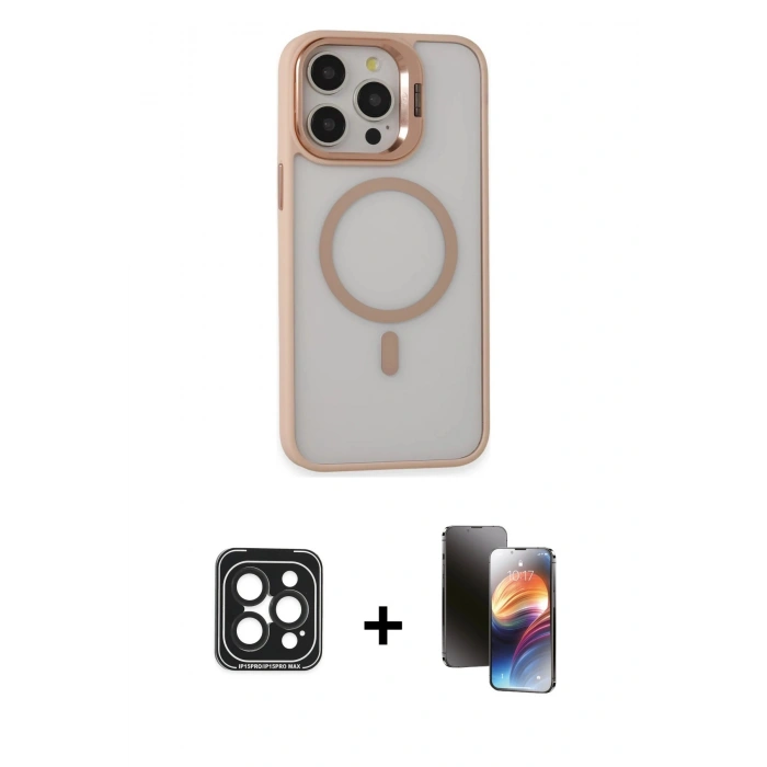 MARSİLYAN™- iPhone 15 Pro Max Kılıf Ahenk Klasik Özel Seri - Siyah 3D Antistatik Mat Seramik Nano Ekran Koruyucu + PVD Metal Kamera Lens - SH
