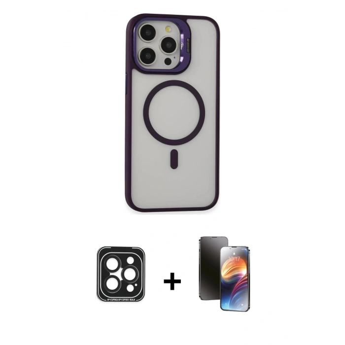 MARSİLYAN™- iPhone 15 Pro Max Kılıf Ahenk Klasik Özel Seri - Siyah 3D Antistatik Mat Seramik Nano Ekran Koruyucu + PVD Metal Kamera Lens - SH