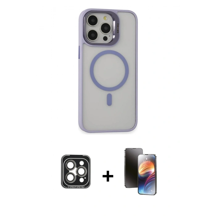 MARSİLYAN™- iPhone 15 Pro Max Kılıf Ahenk Klasik Özel Seri - Siyah 3D Antistatik Mat Seramik Nano Ekran Koruyucu + PVD Metal Kamera Lens - GI