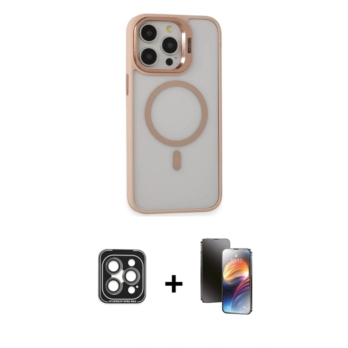 MARSİLYAN™- iPhone 15 Pro Max Kılıf Ahenk Klasik Özel Seri - Siyah 3D Antistatik Mat Seramik Nano Ekran Koruyucu + PVD Metal Kamera Lens - GI
