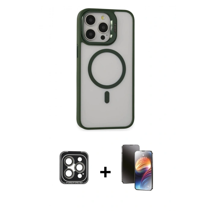 MARSİLYAN™- iPhone 15 Pro Max Kılıf Ahenk Klasik Özel Seri - Siyah 3D Antistatik Mat Seramik Nano Ekran Koruyucu + PVD Metal Kamera Lens - GI