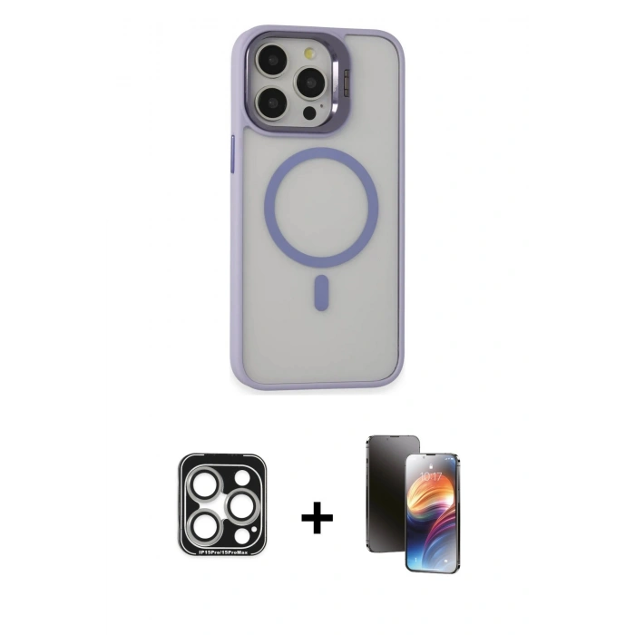 MARSİLYAN™- iPhone 15 Pro Max Kılıf Ahenk Klasik Özel Seri - Siyah 3D Antistatik Mat Seramik Nano Ekran Koruyucu + PVD Metal Kamera Lens - GS