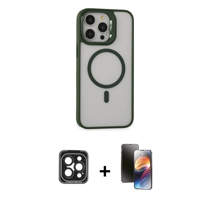 MARSİLYAN™- iPhone 15 Pro Max Kılıf Ahenk Klasik Özel Seri - Siyah 3D Antistatik Mat Seramik Nano Ekran Koruyucu + PVD Metal Kamera Lens - SH