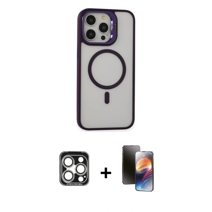 MARSİLYAN™- iPhone 15 Pro Max Kılıf Ahenk Klasik Özel Seri - Siyah 3D Antistatik Mat Seramik Nano Ekran Koruyucu + PVD Metal Kamera Lens - GS