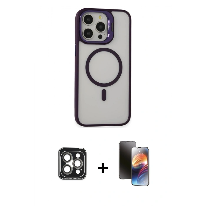 MARSİLYAN™- iPhone 15 Pro Max Kılıf Ahenk Klasik Özel Seri - Siyah 3D Antistatik Mat Seramik Nano Ekran Koruyucu + PVD Metal Kamera Lens - GI