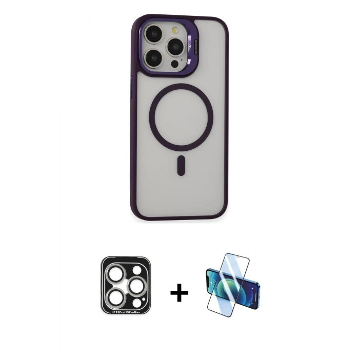 MARSİLYAN™- iPhone 15 Pro Max Kılıf Ahenk Klasik Özel Seri - Siyah 3D Antistatik Seramik Nano Ekran Koruyucu + PVD Metal Kamera Lens - GS