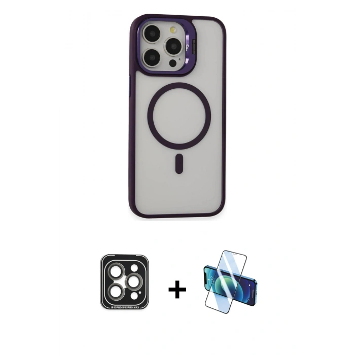 MARSİLYAN™- iPhone 15 Pro Max Kılıf Ahenk Klasik Özel Seri - Siyah 3D Antistatik Seramik Nano Ekran Koruyucu + PVD Metal Kamera Lens - GI