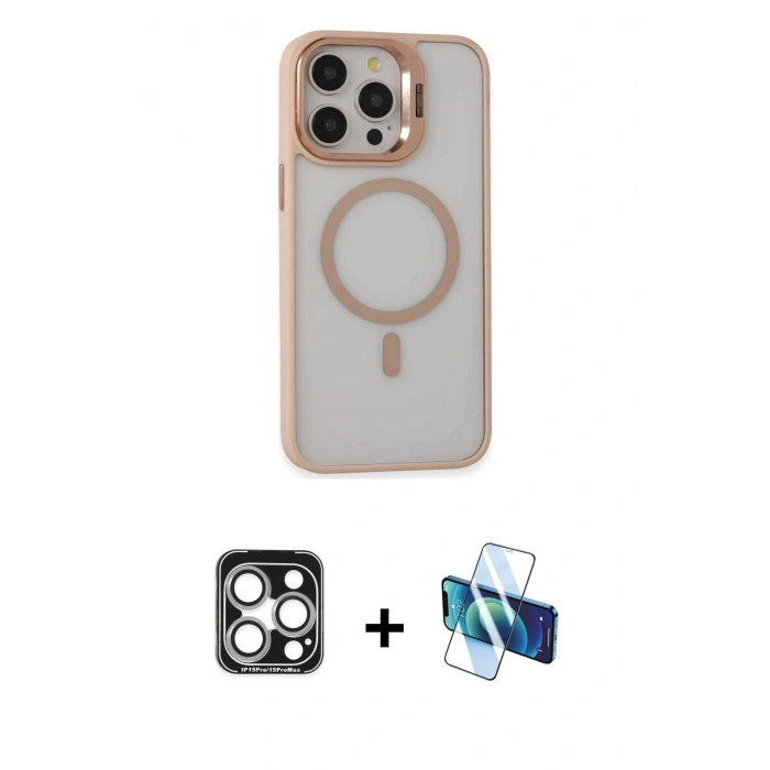 MARSİLYAN™- iPhone 15 Pro Max Kılıf Ahenk Klasik Özel Seri - Siyah 3D Antistatik Seramik Nano Ekran Koruyucu + PVD Metal Kamera Lens - GS