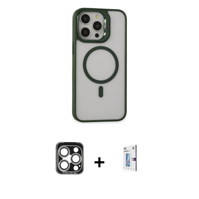 MARSİLYAN™- iPhone 15 Pro Max Kılıf Ahenk Klasik Özel Seri - Siyah Bilvis 0.18mm Plus Cam Ekran Koruyucu + PVD Metal Kamera Lens - GS