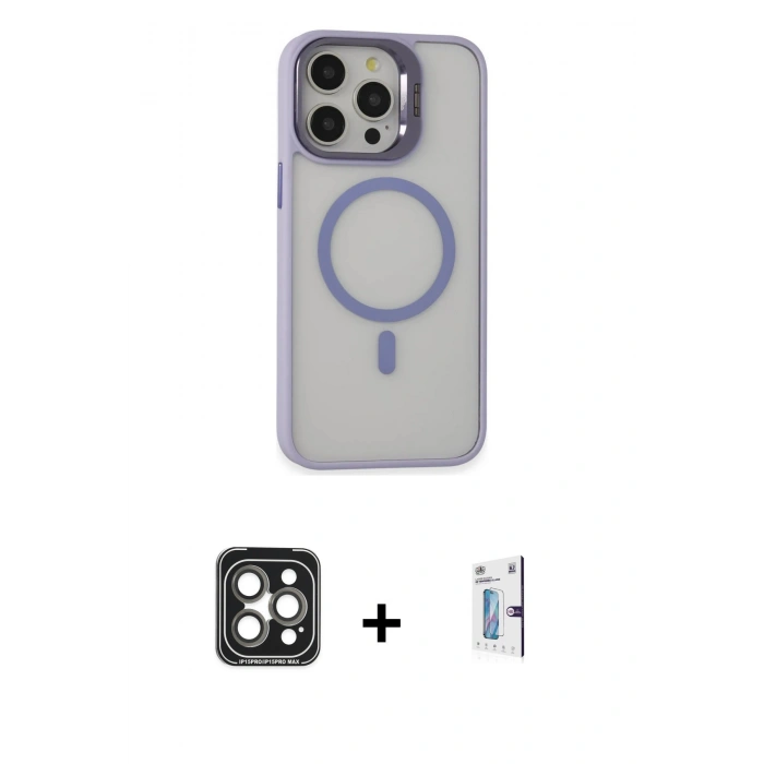 MARSİLYAN™- iPhone 15 Pro Max Kılıf Ahenk Klasik Özel Seri - Siyah Bilvis 0.18mm Plus Cam Ekran Koruyucu + PVD Metal Kamera Lens - GI