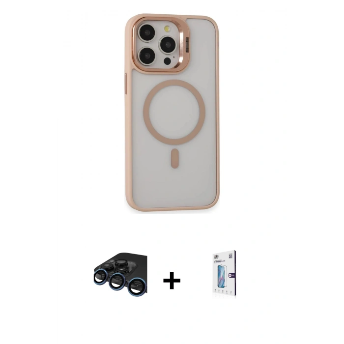 MARSİLYAN™- iPhone 15 Pro Max Kılıf Ahenk Klasik Özel Seri - Siyah Bilvis 0.18mm Plus Cam Ekran Koruyucu + Lacivert Raze Metal Kamera Lens