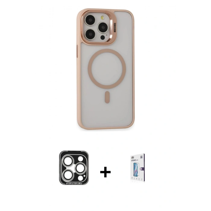 MARSİLYAN™- iPhone 15 Pro Max Kılıf Ahenk Klasik Özel Seri - Siyah Bilvis 0.18mm Plus Cam Ekran Koruyucu + PVD Metal Kamera Lens - GS