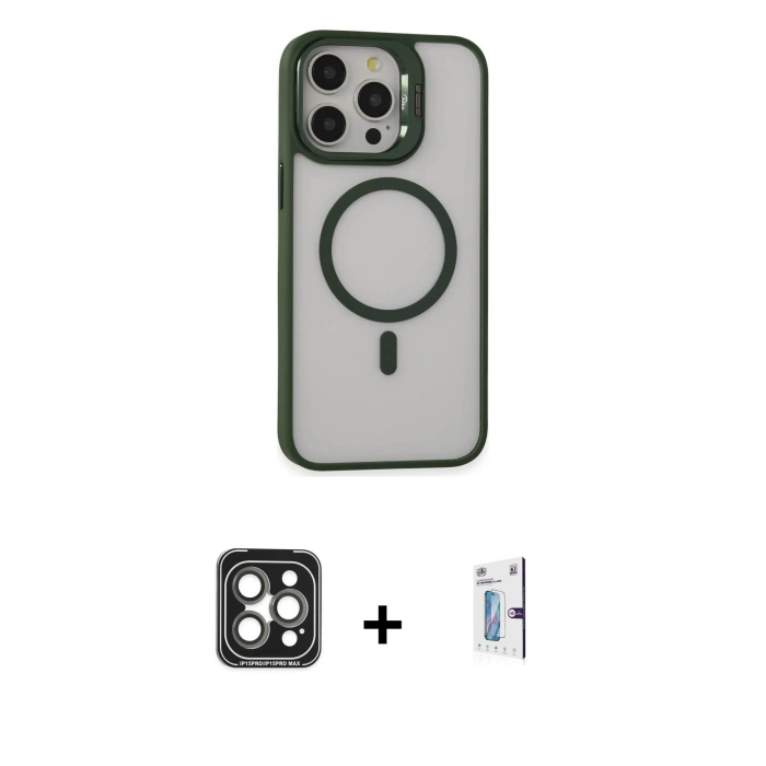 MARSİLYAN™- iPhone 15 Pro Max Kılıf Ahenk Klasik Özel Seri - Siyah Bilvis 0.18mm Plus Cam Ekran Koruyucu + PVD Metal Kamera Lens - GI