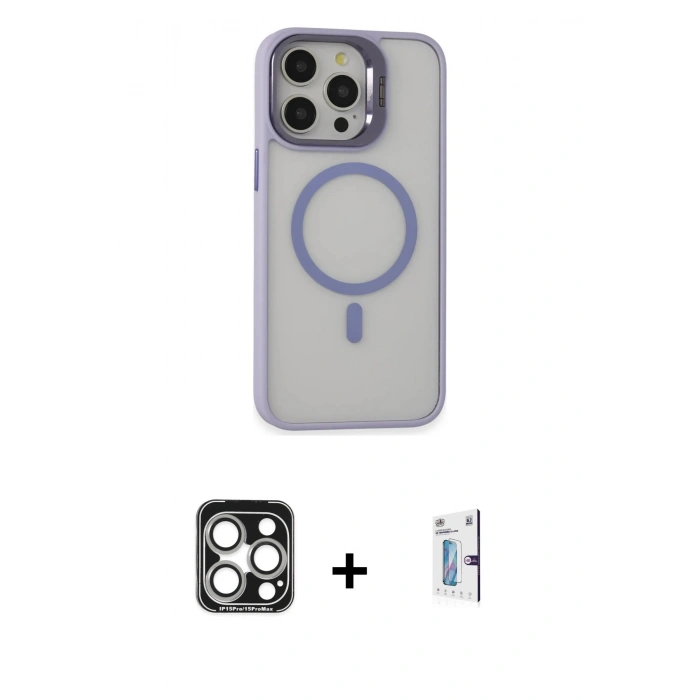 MARSİLYAN™- iPhone 15 Pro Max Kılıf Ahenk Klasik Özel Seri - Siyah Bilvis 0.18mm Plus Cam Ekran Koruyucu + PVD Metal Kamera Lens - GS