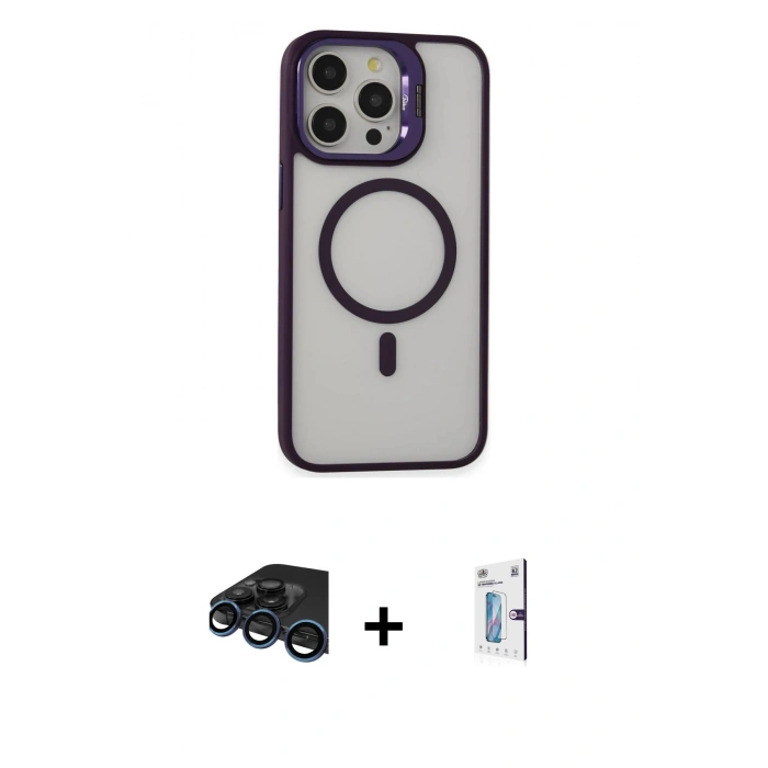 MARSİLYAN™- iPhone 15 Pro Max Kılıf Ahenk Klasik Özel Seri - Siyah Bilvis 0.18mm Plus Cam Ekran Koruyucu + Lacivert Raze Metal Kamera Lens