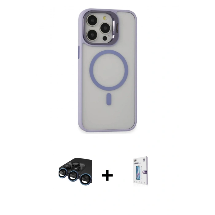 MARSİLYAN™- iPhone 15 Pro Max Kılıf Ahenk Klasik Özel Seri - Siyah Bilvis 0.18mm Plus Cam Ekran Koruyucu + Lacivert Raze Metal Kamera Lens