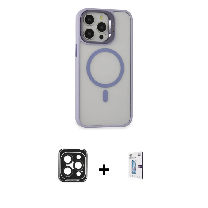 MARSİLYAN™- iPhone 15 Pro Max Kılıf Ahenk Klasik Özel Seri - Siyah Bilvis 0.18mm Plus Cam Ekran Koruyucu + PVD Metal Kamera Lens - SH