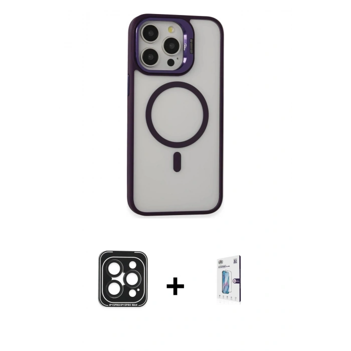 MARSİLYAN™- iPhone 15 Pro Max Kılıf Ahenk Klasik Özel Seri - Siyah Bilvis 0.18mm Plus Cam Ekran Koruyucu + PVD Metal Kamera Lens - SH