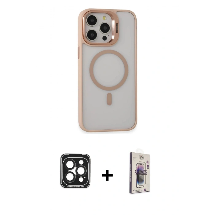 MARSİLYAN™- iPhone 15 Pro Max Kılıf Ahenk Klasik Özel Seri - Siyah Bilvis 3D Cam Ekran Koruyucu + PVD Metal Kamera Lens - SH