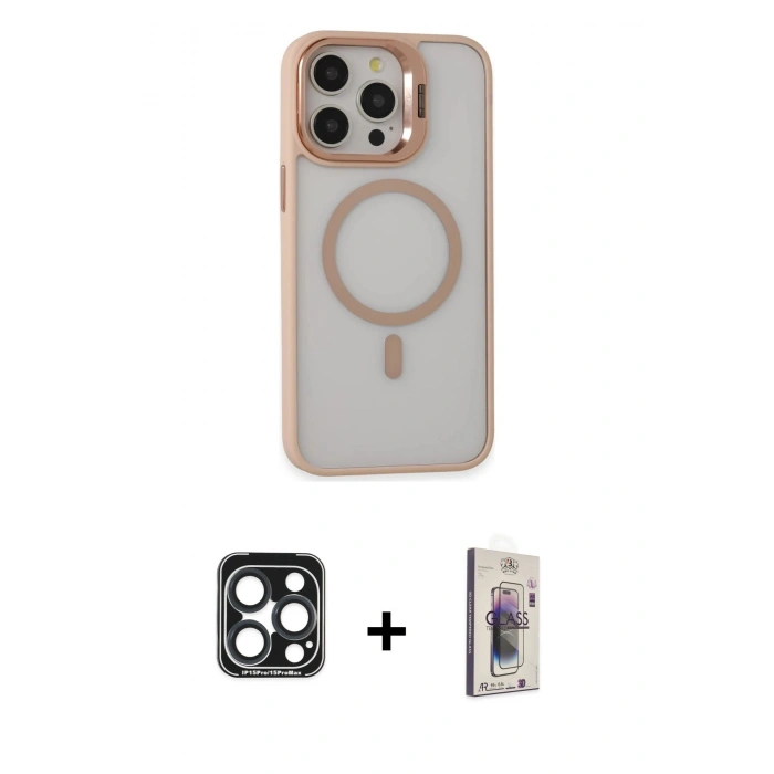 MARSİLYAN™- iPhone 15 Pro Max Kılıf Ahenk Klasik Özel Seri - Siyah Bilvis 3D Cam Ekran Koruyucu + PVD Metal Kamera Lens - LT