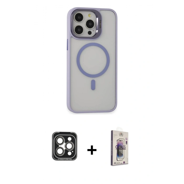 MARSİLYAN™- iPhone 15 Pro Max Kılıf Ahenk Klasik Özel Seri - Siyah Bilvis 3D Cam Ekran Koruyucu + PVD Metal Kamera Lens - GI