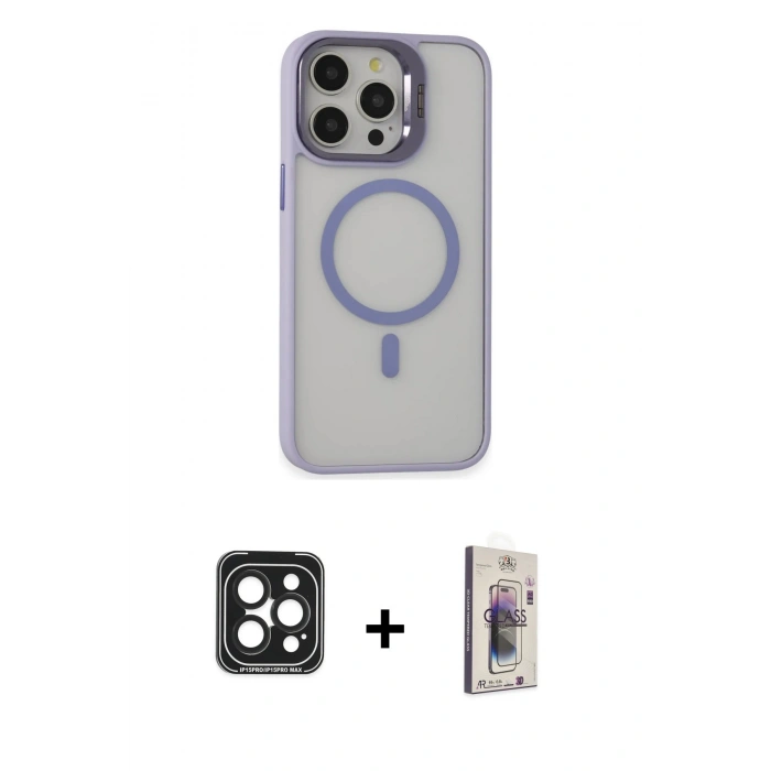MARSİLYAN™- iPhone 15 Pro Max Kılıf Ahenk Klasik Özel Seri - Siyah Bilvis 3D Cam Ekran Koruyucu + PVD Metal Kamera Lens - SH