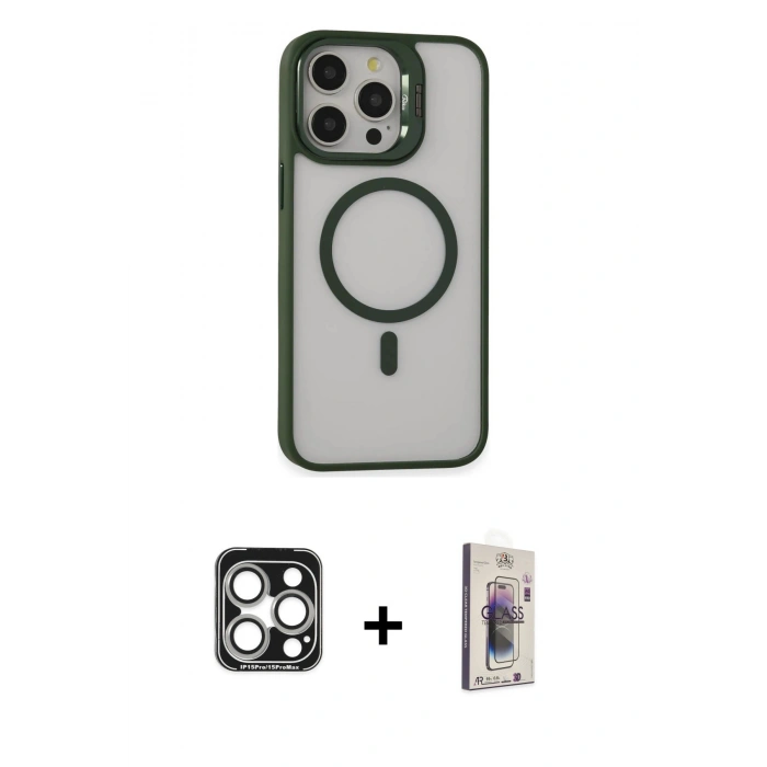 MARSİLYAN™- iPhone 15 Pro Max Kılıf Ahenk Klasik Özel Seri - Siyah Bilvis 3D Cam Ekran Koruyucu + PVD Metal Kamera Lens - GS