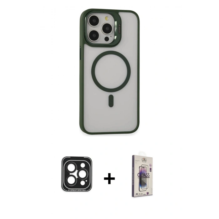 MARSİLYAN™- iPhone 15 Pro Max Kılıf Ahenk Klasik Özel Seri - Siyah Bilvis 3D Cam Ekran Koruyucu + PVD Metal Kamera Lens - SH