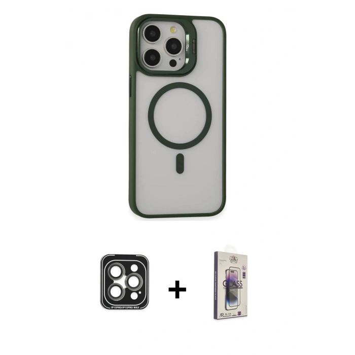 MARSİLYAN™- iPhone 15 Pro Max Kılıf Ahenk Klasik Özel Seri - Siyah Bilvis 3D Cam Ekran Koruyucu + PVD Metal Kamera Lens - GI