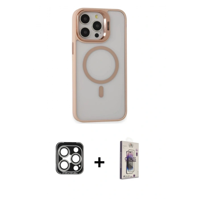 MARSİLYAN™- iPhone 15 Pro Max Kılıf Ahenk Klasik Özel Seri - Siyah Bilvis 3D Cam Ekran Koruyucu + PVD Metal Kamera Lens - GS
