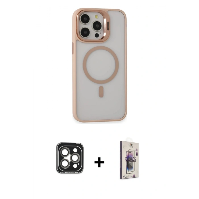 MARSİLYAN™- iPhone 15 Pro Max Kılıf Ahenk Klasik Özel Seri - Siyah Bilvis 3D Cam Ekran Koruyucu + PVD Metal Kamera Lens - GI