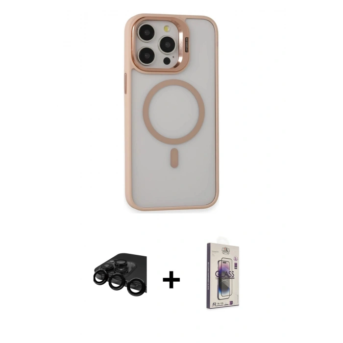 MARSİLYAN™- iPhone 15 Pro Max Kılıf Ahenk Klasik Özel Seri - Siyah Bilvis 3D Cam Ekran Koruyucu + Raze Metal Kamera Lens - SH