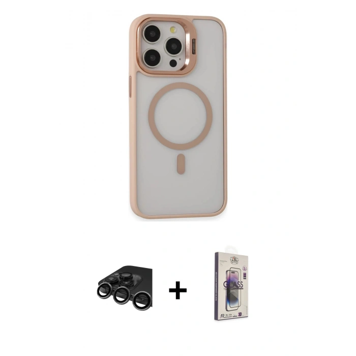MARSİLYAN™- iPhone 15 Pro Max Kılıf Ahenk Klasik Özel Seri - Siyah Bilvis 3D Cam Ekran Koruyucu + Raze Metal Kamera Lens - TMGI