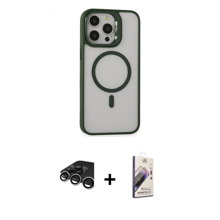 MARSİLYAN™- iPhone 15 Pro Max Kılıf Ahenk Klasik Özel Seri - Siyah Bilvis 3D Mat Cam Ekran Koruyucu + Gümüş Raze Metal Kamera Lens