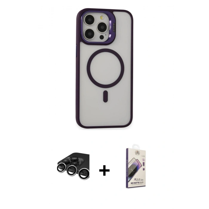 MARSİLYAN™- iPhone 15 Pro Max Kılıf Ahenk Klasik Özel Seri - Siyah Bilvis 3D Mat Cam Ekran Koruyucu + Gümüş Raze Metal Kamera Lens