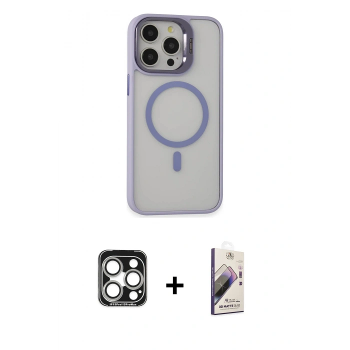 MARSİLYAN™- iPhone 15 Pro Max Kılıf Ahenk Klasik Özel Seri - Siyah Bilvis 3D Mat Cam Ekran Koruyucu + PVD Metal Kamera Lens - GS