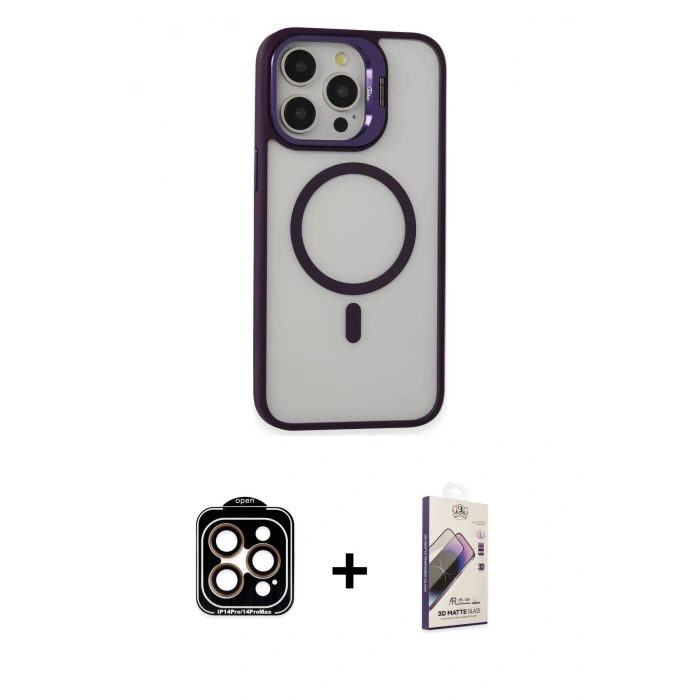 MARSİLYAN™- iPhone 15 Pro Max Kılıf Ahenk Klasik Özel Seri - Siyah Bilvis 3D Mat Cam Ekran Koruyucu + PVD Metal Kamera Lens - TU