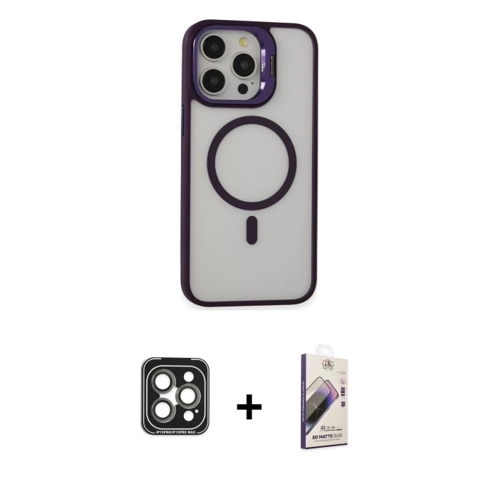 MARSİLYAN™- iPhone 15 Pro Max Kılıf Ahenk Klasik Özel Seri - Siyah Bilvis 3D Mat Cam Ekran Koruyucu + PVD Metal Kamera Lens - GI