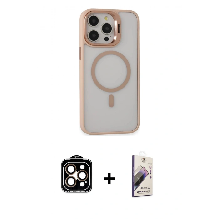 MARSİLYAN™- iPhone 15 Pro Max Kılıf Ahenk Klasik Özel Seri - Siyah Bilvis 3D Mat Cam Ekran Koruyucu + PVD Metal Kamera Lens - TU
