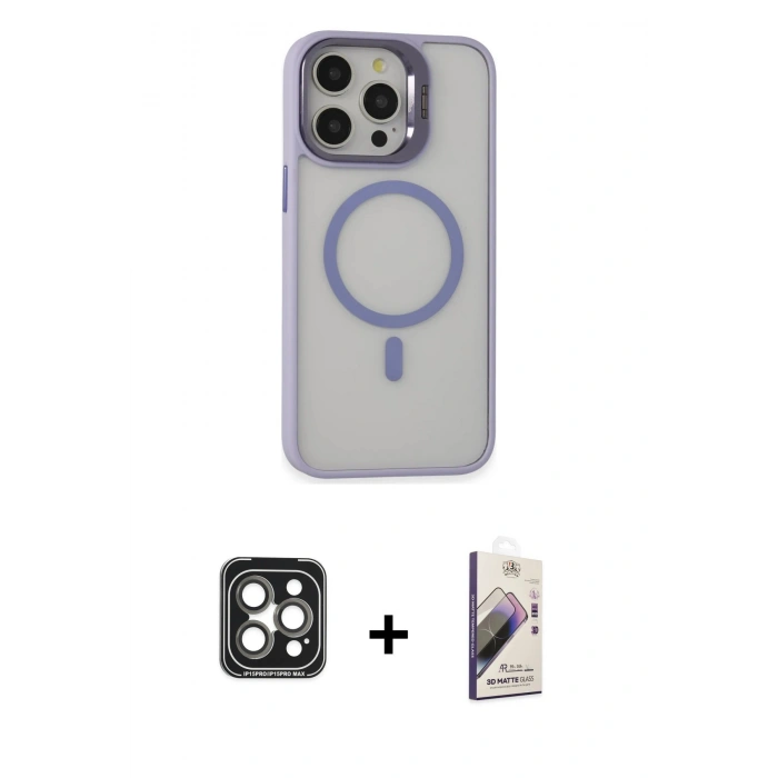 MARSİLYAN™- iPhone 15 Pro Max Kılıf Ahenk Klasik Özel Seri - Siyah Bilvis 3D Mat Cam Ekran Koruyucu + PVD Metal Kamera Lens - GI