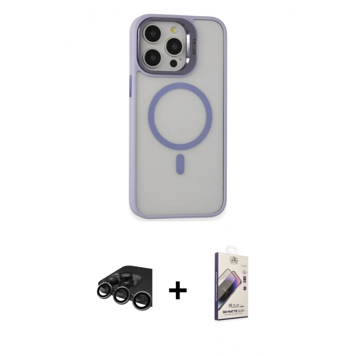 MARSİLYAN™- iPhone 15 Pro Max Kılıf Ahenk Klasik Özel Seri - Siyah Bilvis 3D Mat Cam Ekran Koruyucu + Raze Metal Kamera Lens - TMGI