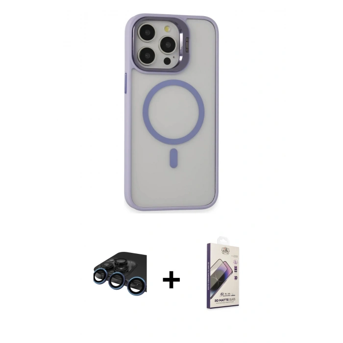 MARSİLYAN™- iPhone 15 Pro Max Kılıf Ahenk Klasik Özel Seri - Siyah Bilvis 3D Mat Cam Ekran Koruyucu + Raze Metal Kamera Lens - LT