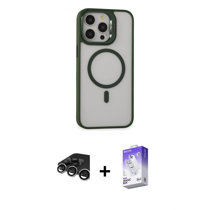 MARSİLYAN™- iPhone 15 Pro Max Kılıf Ahenk Klasik Özel Seri - Siyah Bilvis 5in1 3D Magic Cam Ekran Koruyucu + Raze Metal Kamera Lens - GS