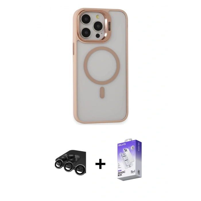 MARSİLYAN™- iPhone 15 Pro Max Kılıf Ahenk Klasik Özel Seri - Siyah Bilvis 5in1 3D Magic Cam Ekran Koruyucu + Raze Metal Kamera Lens - TMGI