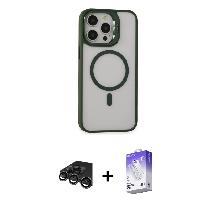MARSİLYAN™- iPhone 15 Pro Max Kılıf Ahenk Klasik Özel Seri - Siyah Bilvis 5in1 3D Magic Cam Ekran Koruyucu + Raze Metal Kamera Lens - TMGI