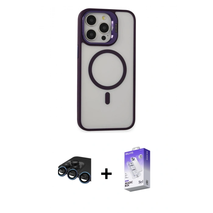 MARSİLYAN™- iPhone 15 Pro Max Kılıf Ahenk Klasik Özel Seri - Siyah Bilvis 5in1 3D Magic Cam Ekran Koruyucu + Lacivert Raze Metal Kamera Lens