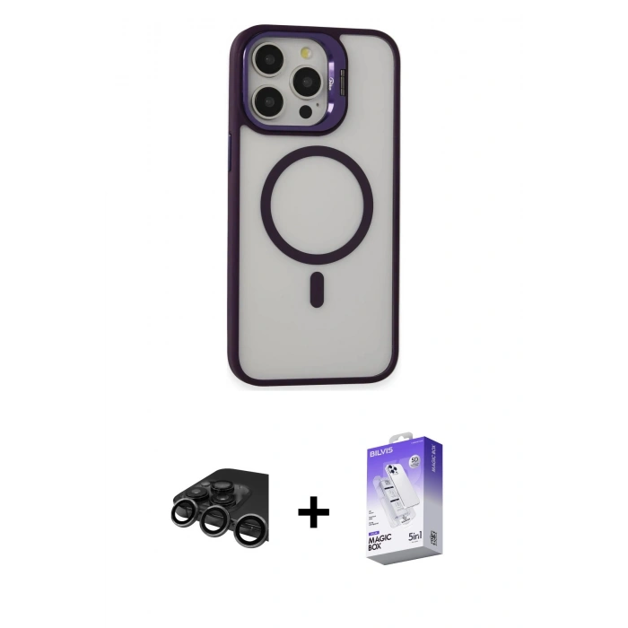 MARSİLYAN™- iPhone 15 Pro Max Kılıf Ahenk Klasik Özel Seri - Siyah Bilvis 5in1 3D Magic Cam Ekran Koruyucu + Raze Metal Kamera Lens - TMGI