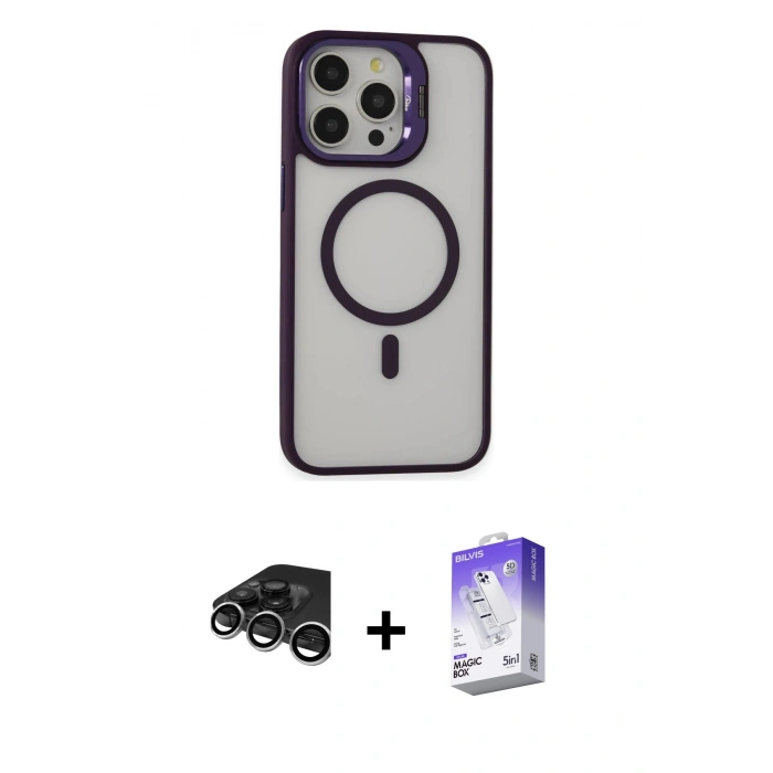 MARSİLYAN™- iPhone 15 Pro Max Kılıf Ahenk Klasik Özel Seri - Siyah Bilvis 5in1 3D Magic Cam Ekran Koruyucu + Raze Metal Kamera Lens - GS